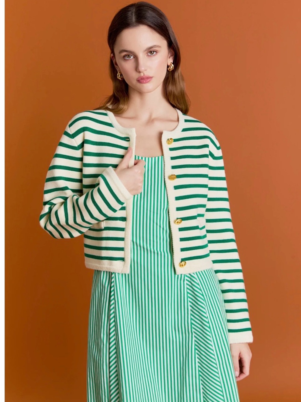 English Factory Green and Cream Striped Knit Cardigan